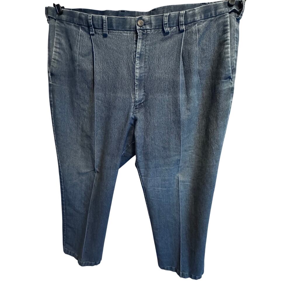 Haggar Classic Fit Premium Stretch Denim Trouser Pleated Jeans Blue Mens 52x32